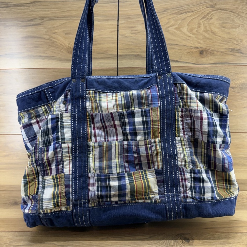 J.Crew Y2K Vintage Madras Plaid Patchwork Large Tote Cotton Zip Travel Resort